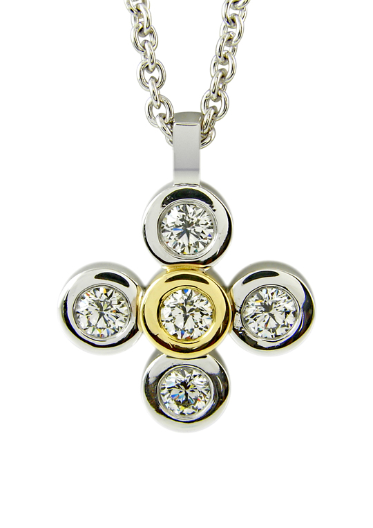 5 round brilliant diamonds bezel set in a cross in white and
