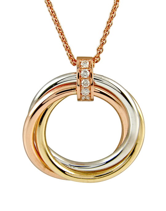 three loops of 18k yellow rose and white Gold on rose gold chain and diamond studded bail
