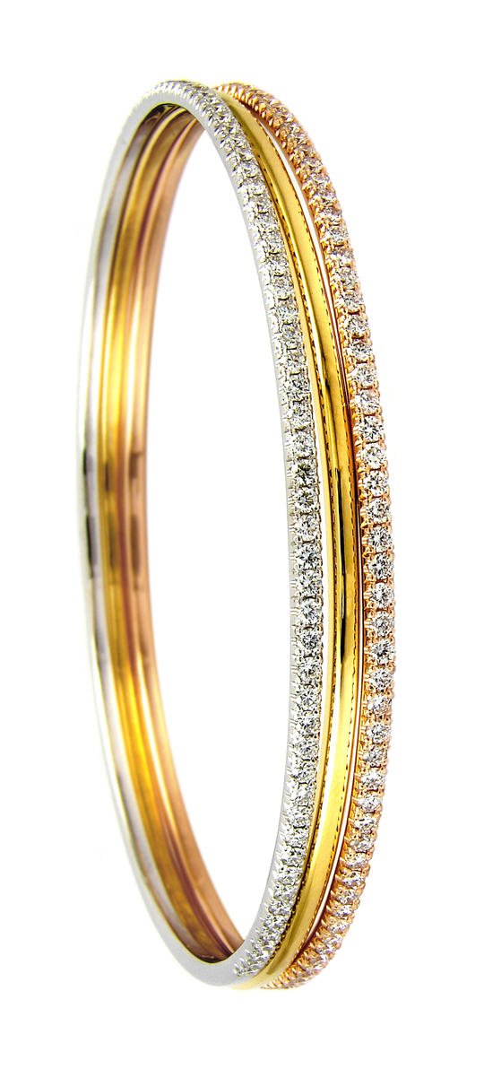 Three 18k Gold bangles, white and rose with diamond pavé and a plain yellow gold one