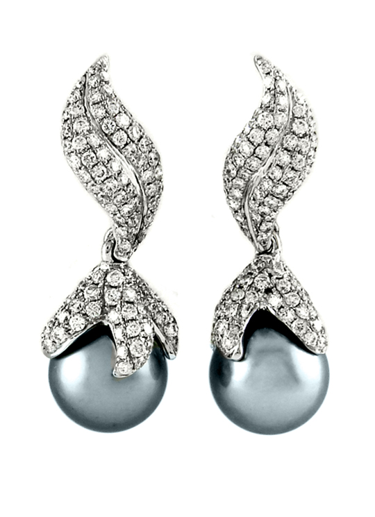 Tahitian drop earrings in diamond pavé setting.