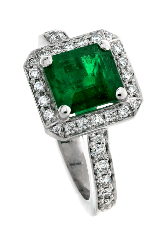 Asscher cut Emerald set four claw with diamond pavé halo and band engagement ring