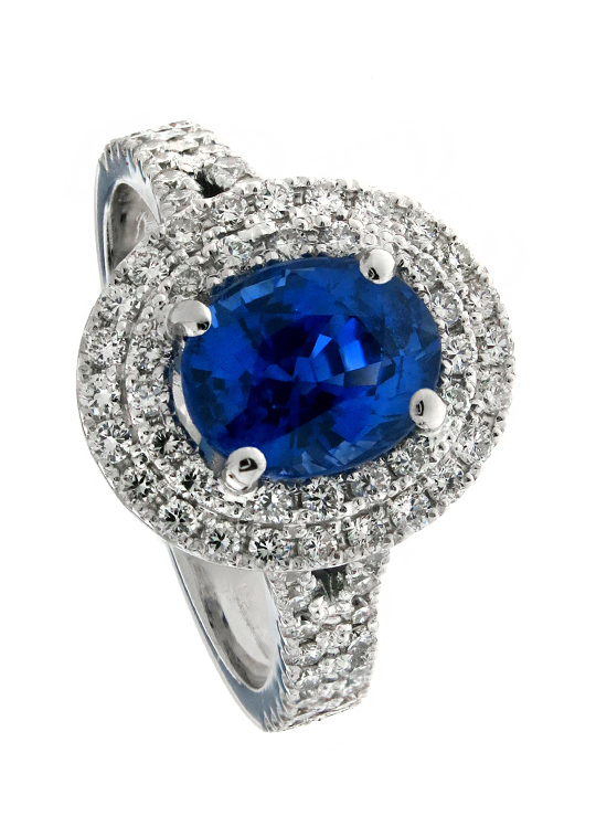 Engagement Ring with oval cut sapphire with double diamond halo and split diamond band