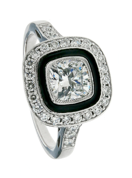 Cushion cut diamond solitaire with black enamel and diamond pavé halo with pavé band in white gold 18k