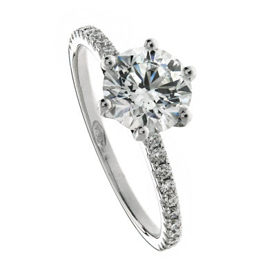 1.00ct Solitaire Round Brilliant Diamond Engagement Ring Set Six claws in white gold 18k on diamond pavé band