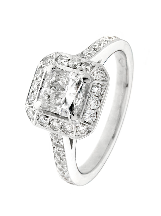 1.2ct Radiant cut diamond with pave halo and band in 18k white gold
